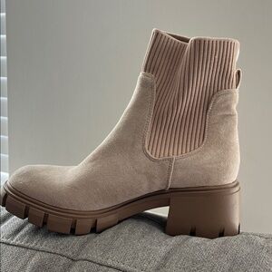Women's Taupe Suede Chelsea Lug Bootie - Ribbed Ankle